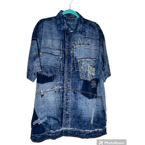 Custom Sport Gear Men's Shirt Size L in Blue Denim Look Print Short Sleeve